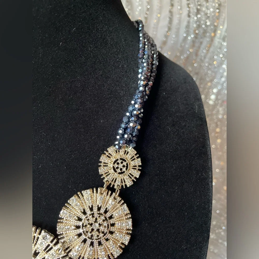 Beautiful Statement Necklace Has Silver Medallions with Rhinestone & Navy Beads